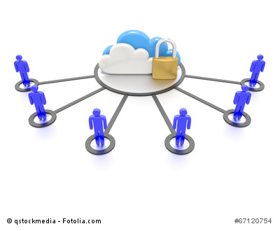 Stylized CG depicting clouds and a padlock, secure data storage.